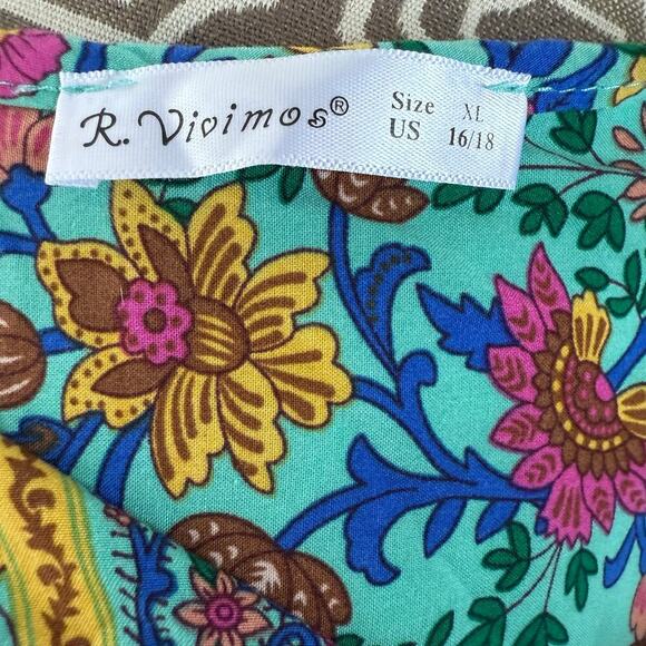 R.Vivimos Women's Floral Print Retro Boho V Neck Tassel Midi Dress Blue Multi XL - Picture 4 of 4